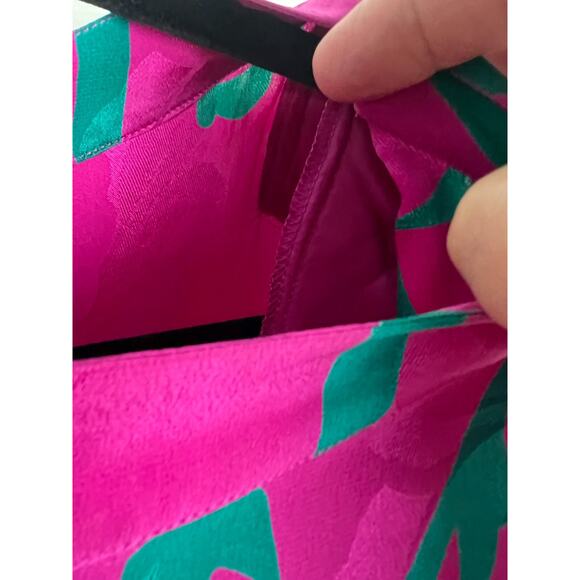 Vintage 80s John Yang Pink Silk Satin Floral Long Sleeve Shift Mini Dress Size 4 - Picture 5 of 7